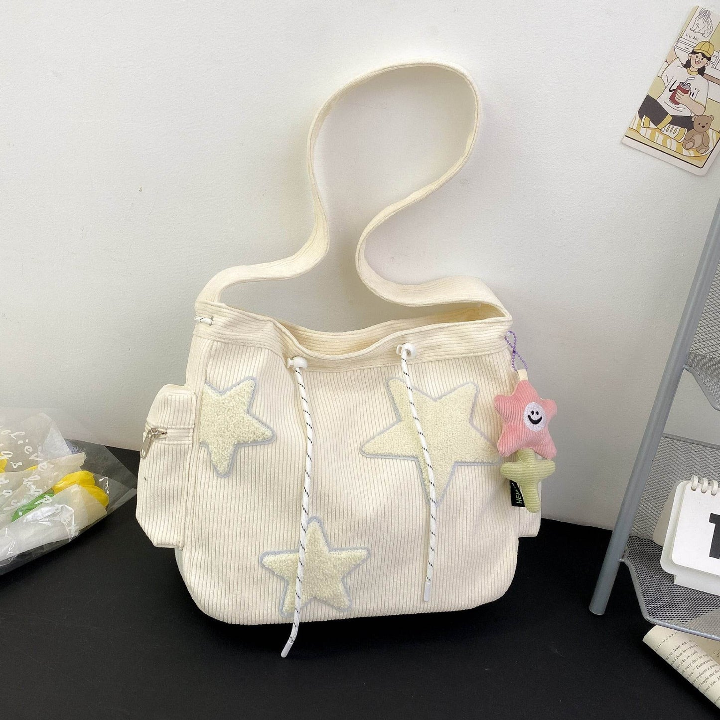 Crossbody Cute Student Tote Bag Beige MuddyStock