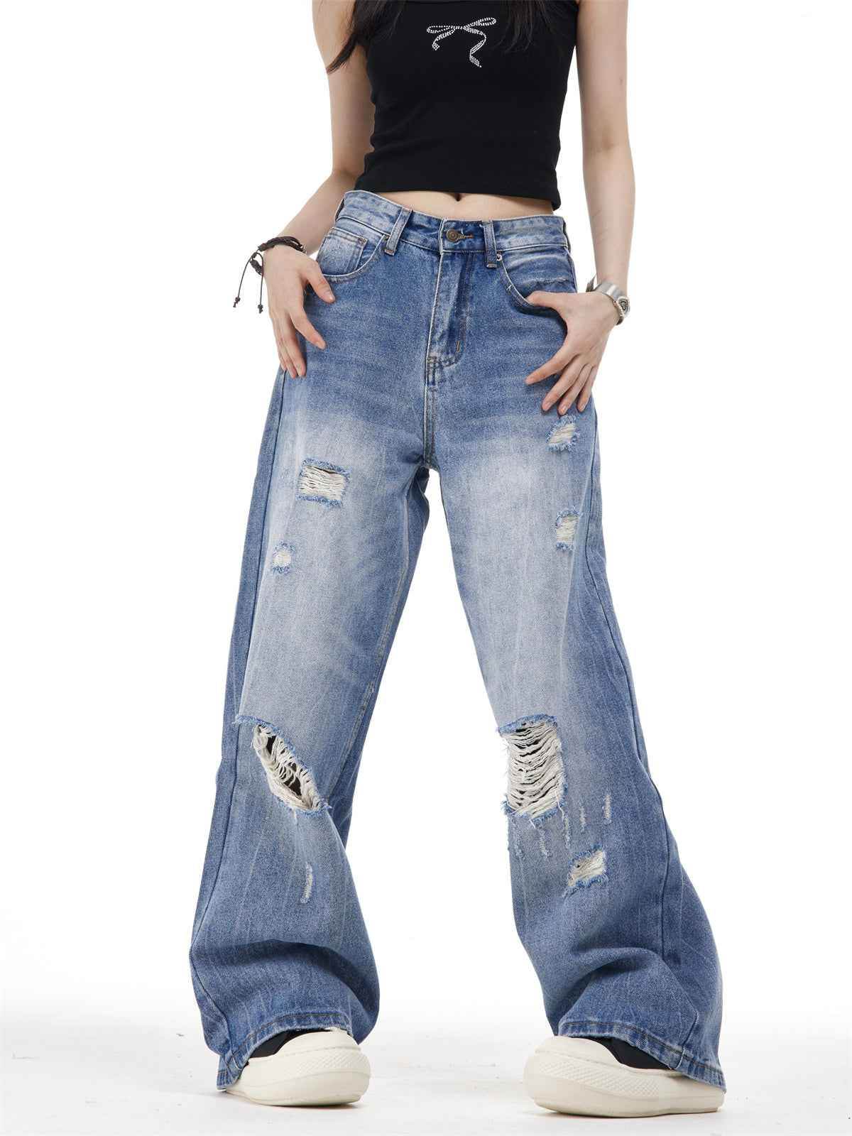 Women's Ripped Washed Blue Jeans MuddyStock