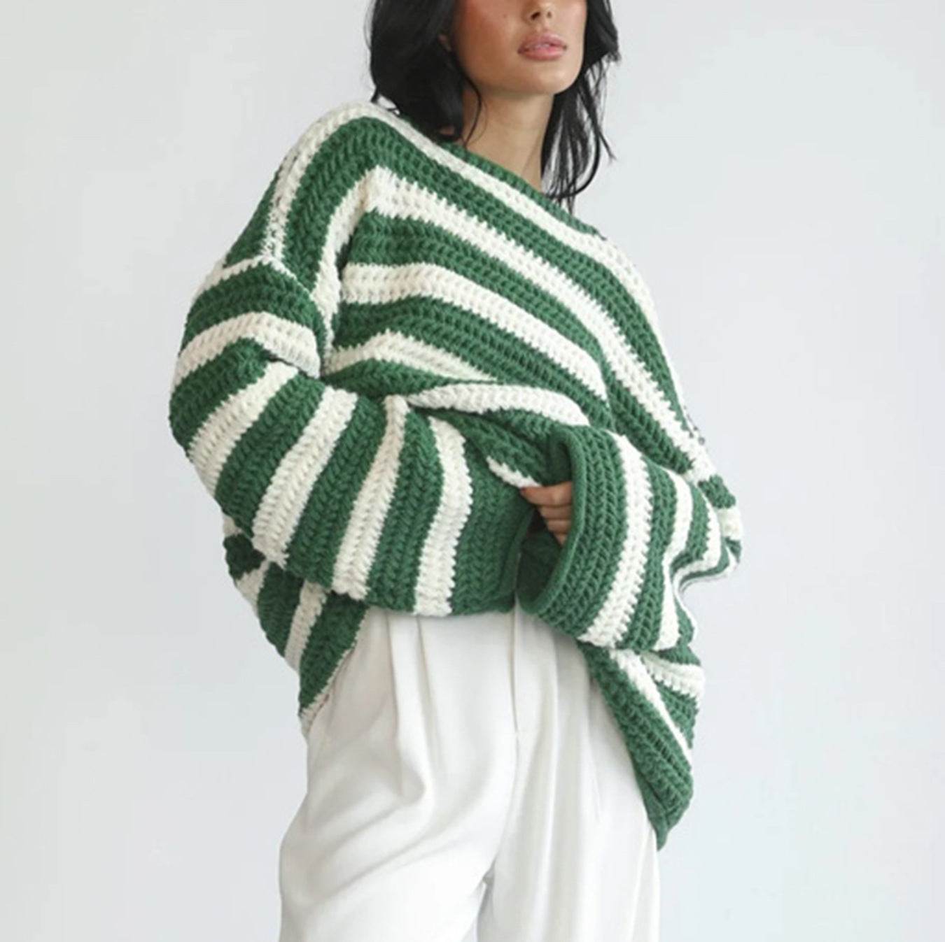 Women's Loose Off Shoulder Striped Long-sleeved Sweater MuddyStock
