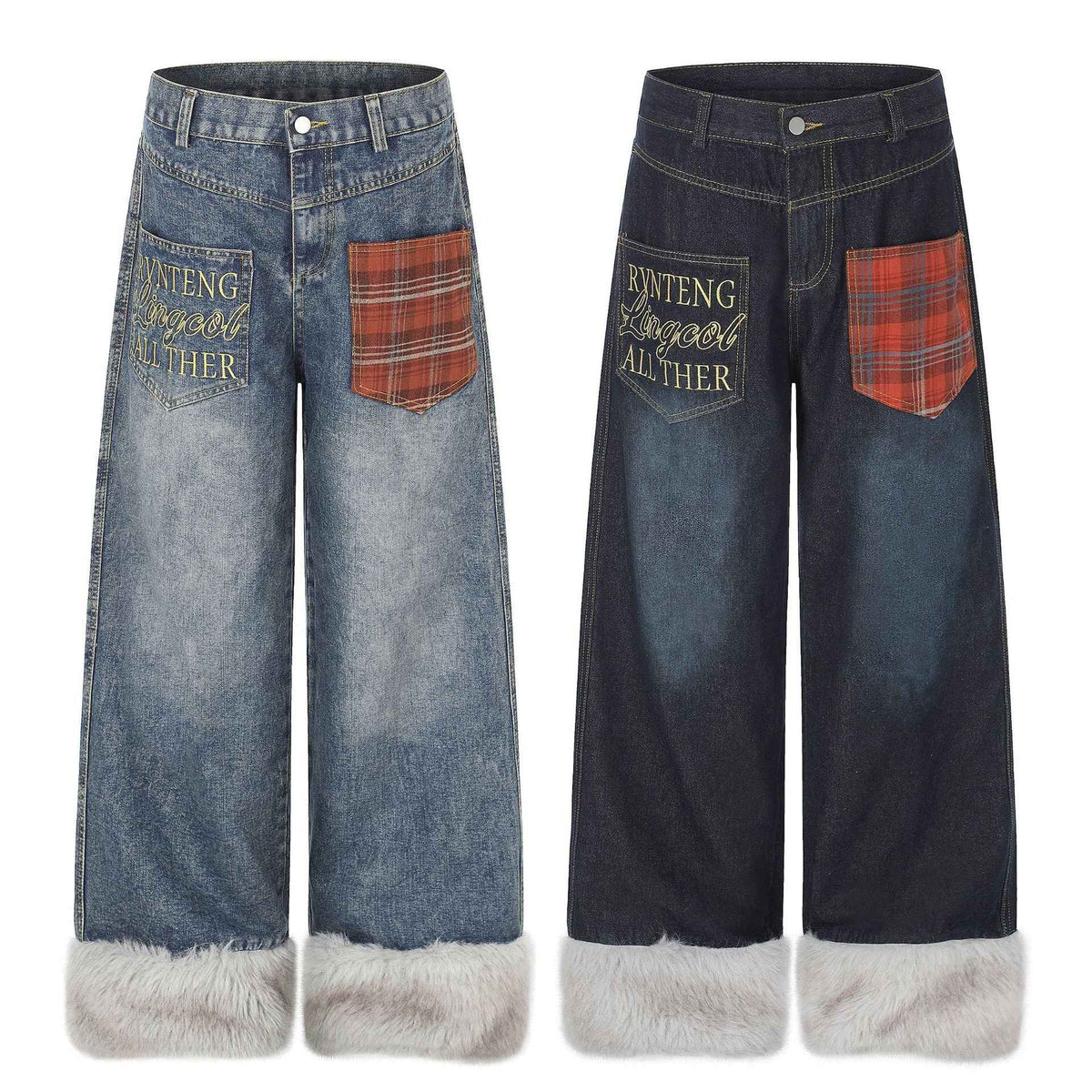Plaid Patchwork Pocket Fleece-Lined Washed Denim Jeans For Women | MuddyStock Originals