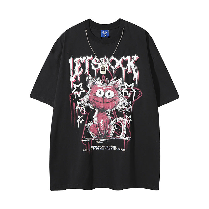 Streetwear Cartoon Cat Graffiti Letter T-Shirt with Necklace For Men And Women | MuddyStock Originals MuddyStock