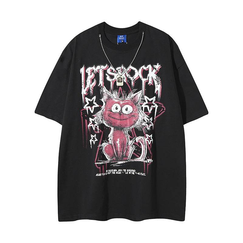Streetwear Cartoon Cat Graffiti Letter T-Shirt with Necklace For Men And Women | MuddyStock Originals MuddyStock