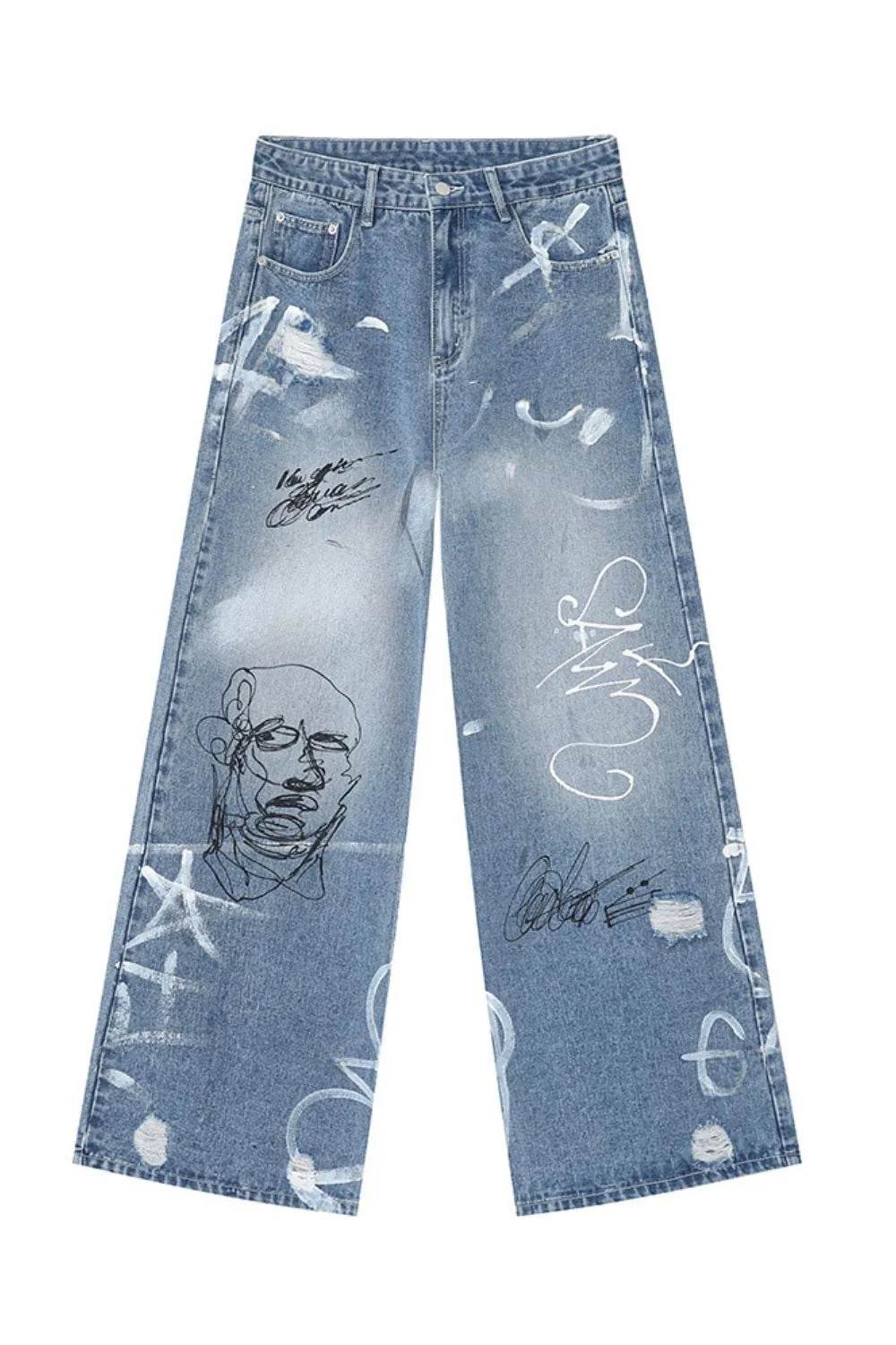 Mid Rise Graffiti Print Distressed Wide Leg Jeans For Both Men And Women | MuddyStock Originals Medium MuddyStock