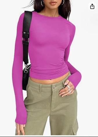 Women's Clothing Fashion Slim Long-sleeved Pullovers Tops Solid Causal Fit Shirts Purple MuddyStock