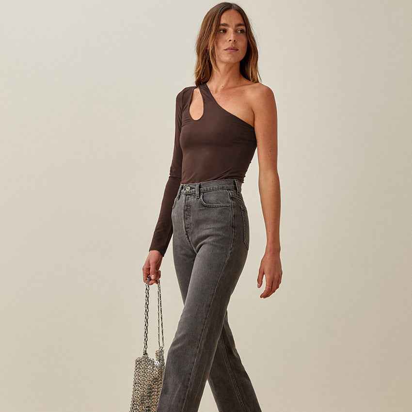 Slanted Shoulder Asymmetric Hollow Long-sleeved Bottoming Top MuddyStock