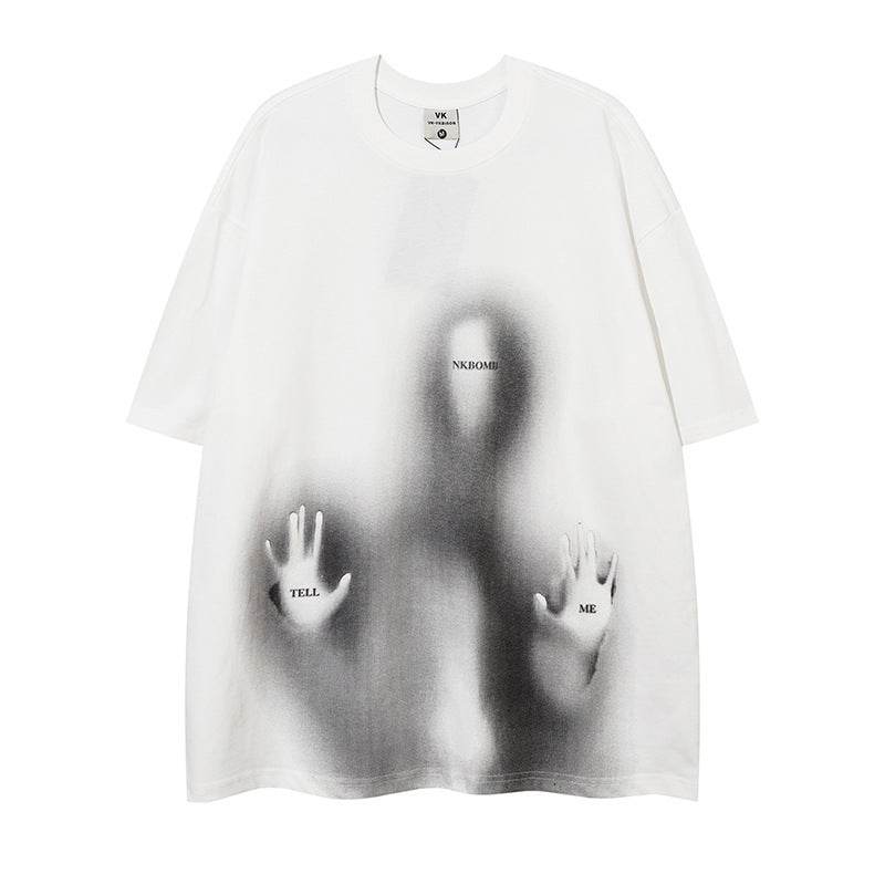 Depressed Fuzzy Printed Short Sleeve Loose For Men And Women White MuddyStock