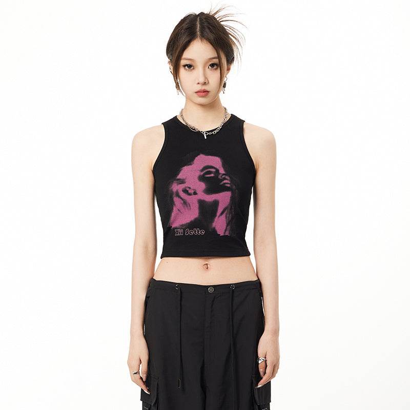Knitted Printed Slim Fitting Short Bottomed Vest For Women Black MuddyStock