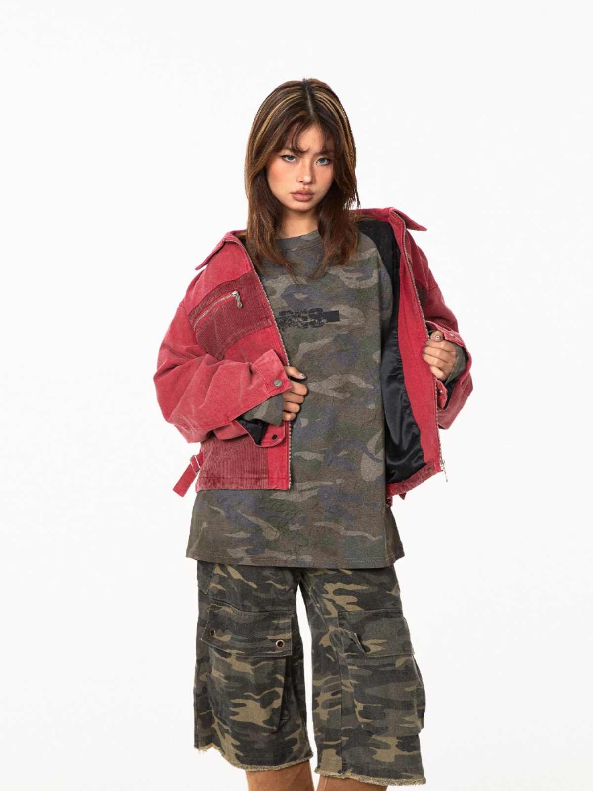 Patchwork Texture Three-dimensional Corduroy Pocket Baggy Jacket For Women MuddyStock