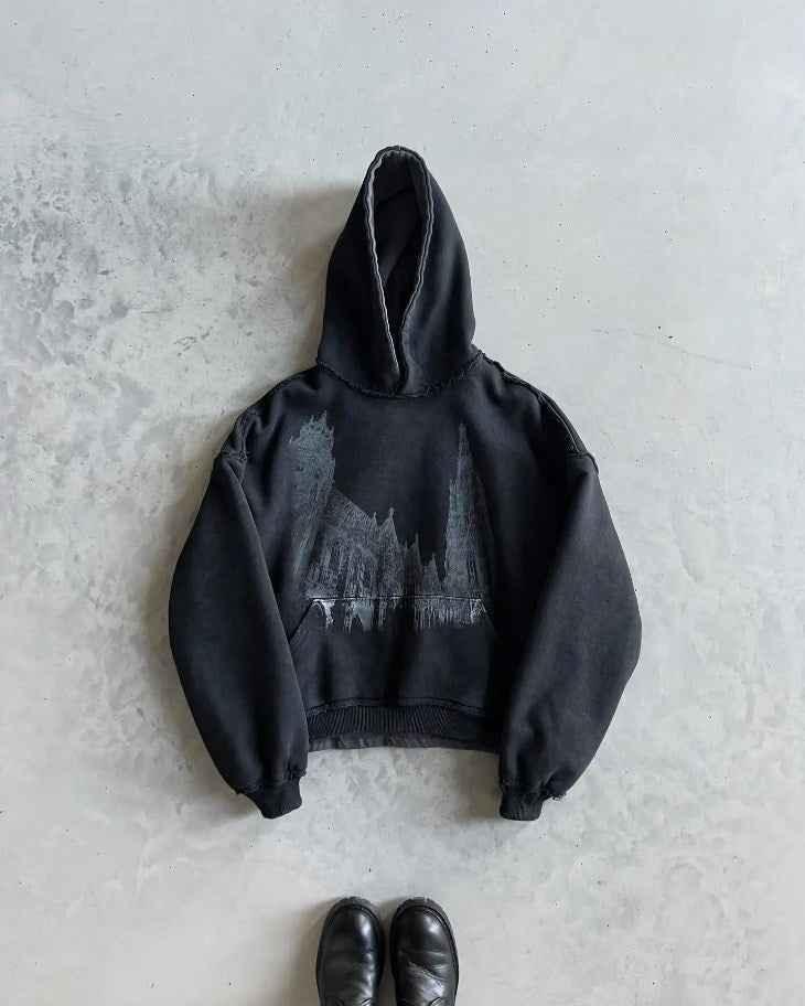 Loose-fit Dark-style Retro Printed Hoodie For Men