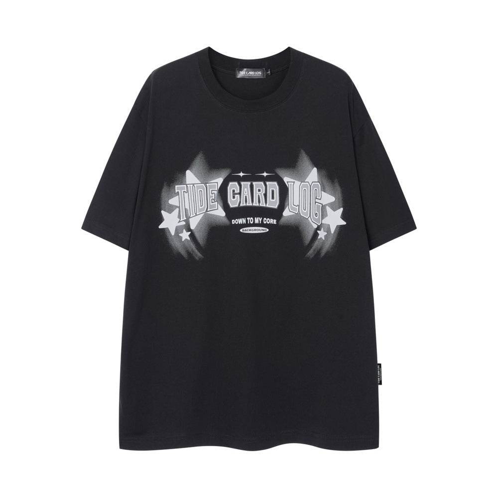 Five-pointed Star Fuzzy Printed Short-sleeved T-shirt Men's Loose Black MuddyStock