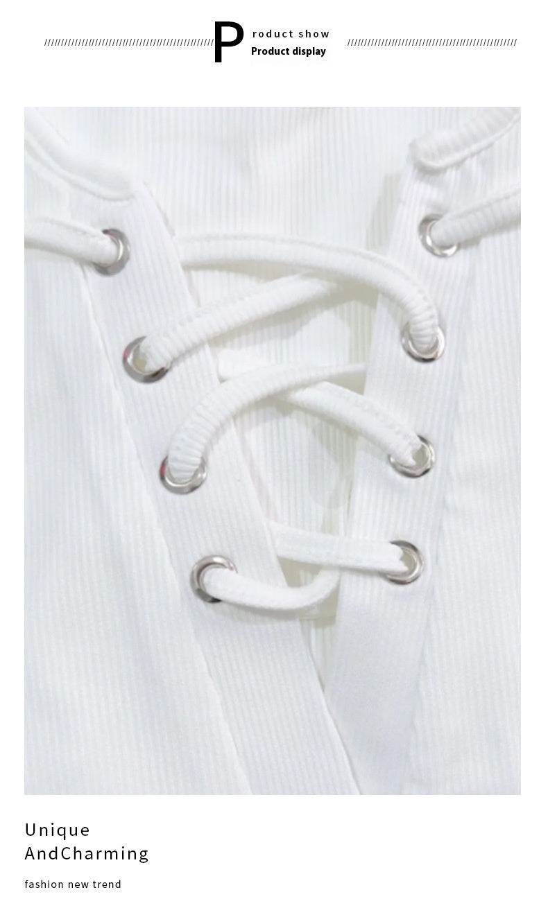 Women's V-neck Cut Shoulder Drawstring Tie Up T-shirt MuddyStock