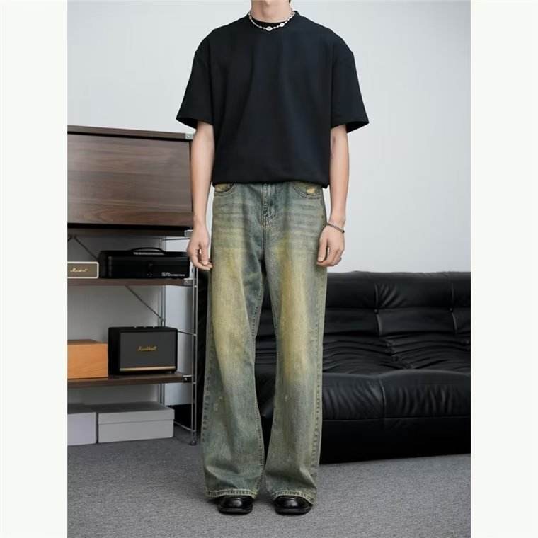 Loose All-match American Retro Distressed Wide-leg Jeans For Men Yellow Mud Colors MuddyStock