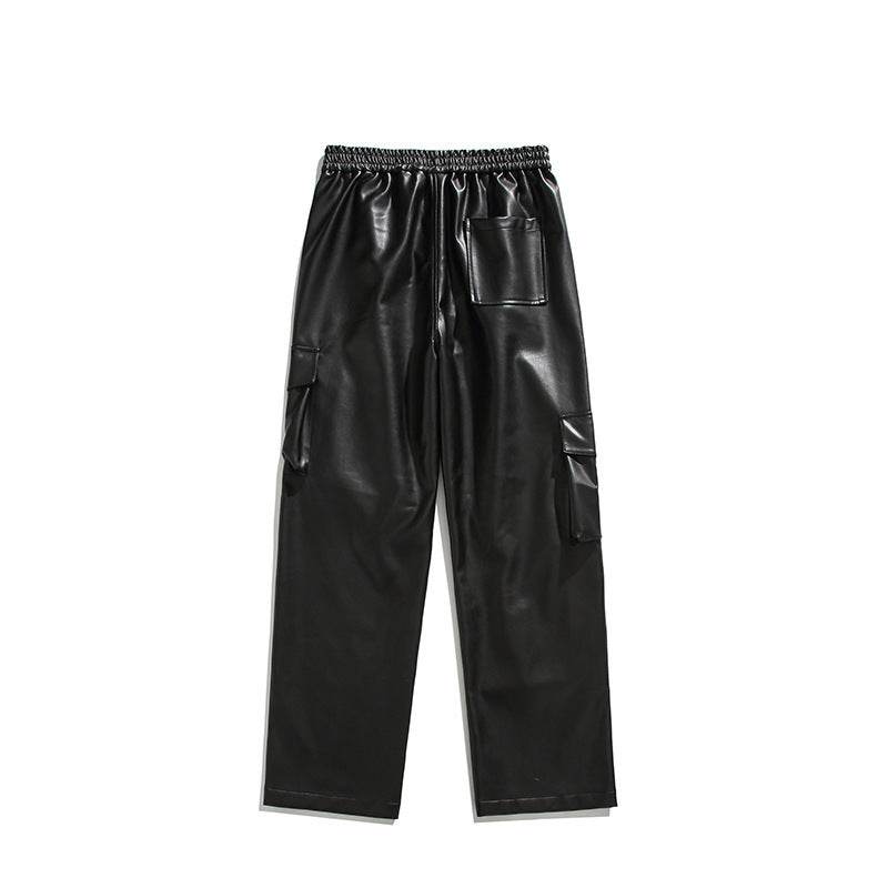 Men's Loose Straight Casual American Retro Street PU Leather Pants Black MuddyStock