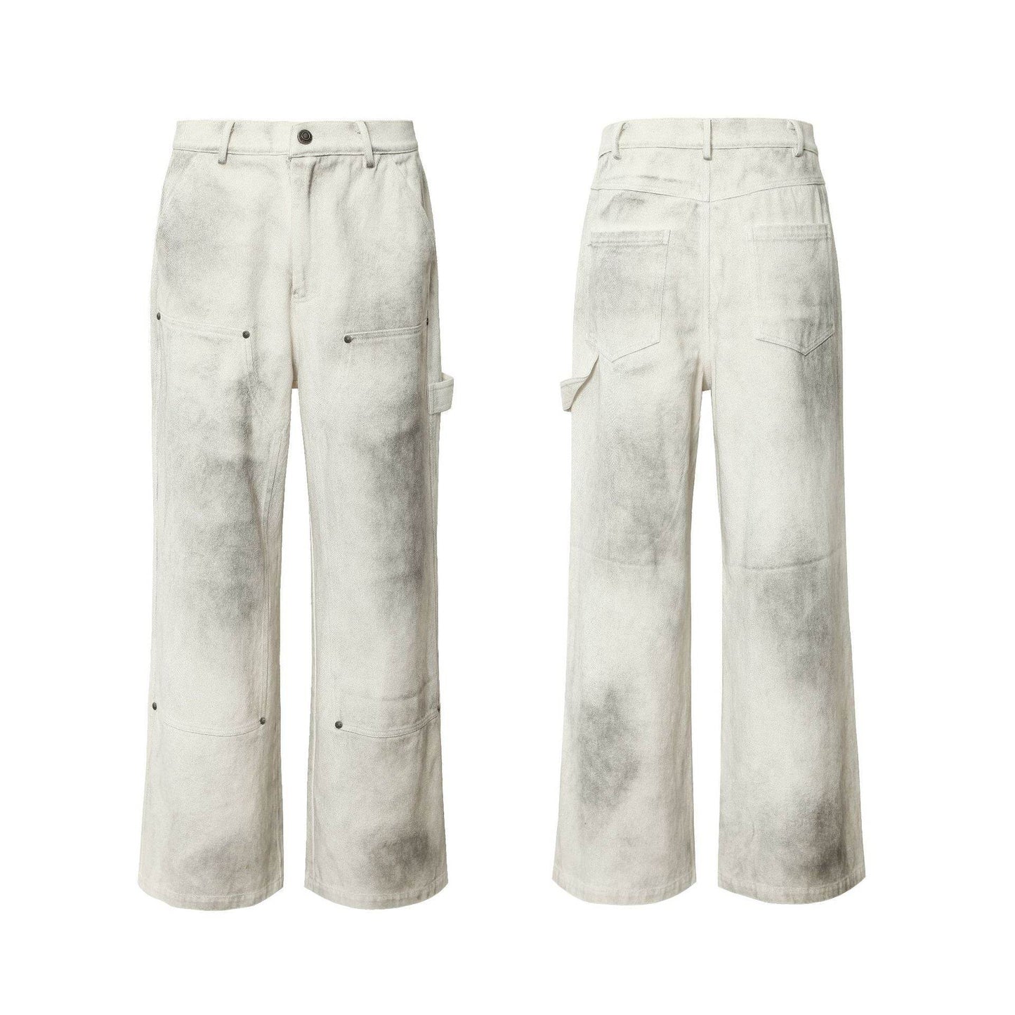Retro Spray Color Distressed Loose Overalls For Women Fog White MuddyStock