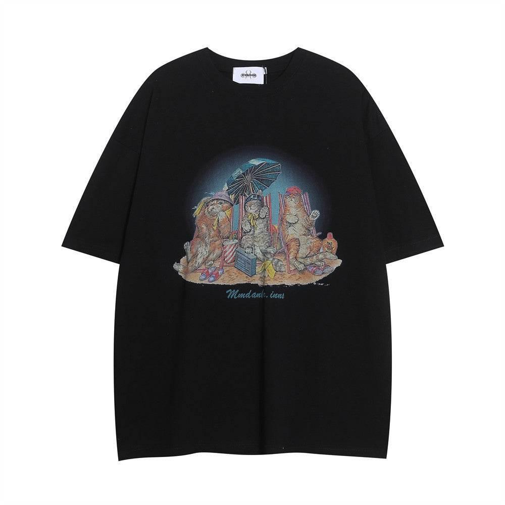 Kitten Print Casual Loose-fitting Pure Cotton Top For Men And Women Black