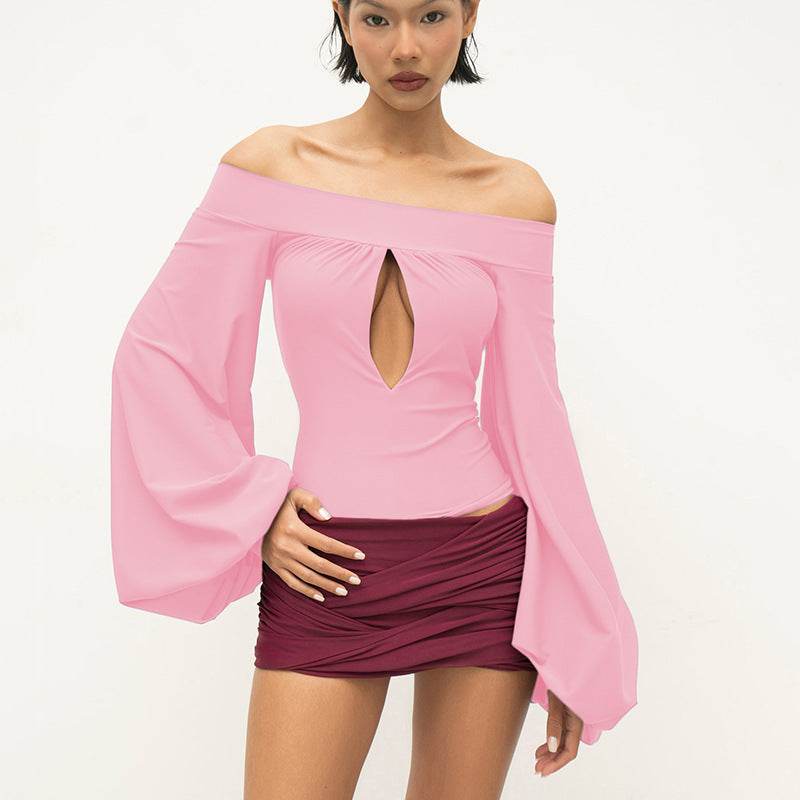 European And American-style Off-neck Lantern Sleeve Hollow-out Top For Women Pink MuddyStock
