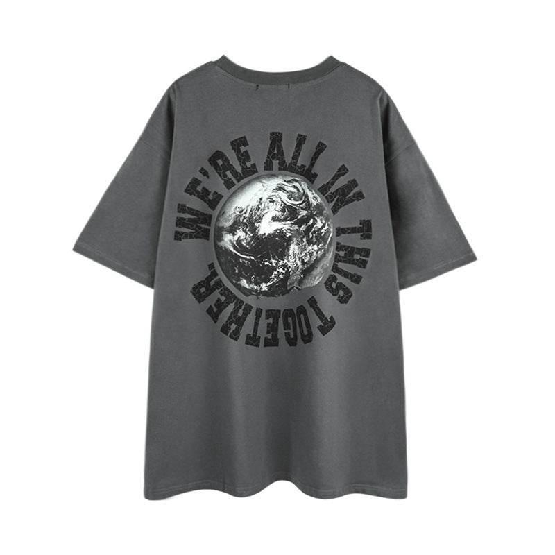 Short-sleeved T-shirt With Old Globe Letters For Men And Women Grey