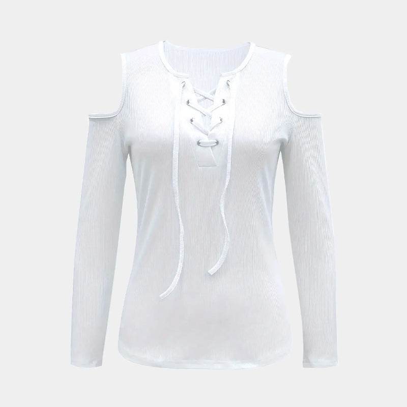 Women's V-neck Cut Shoulder Drawstring Tie Up T-shirt White MuddyStock