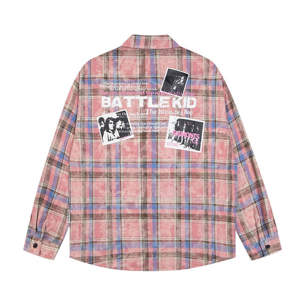 Plaid Loose Long Sleeves Shirt For Men And Women Pink MuddyStock
