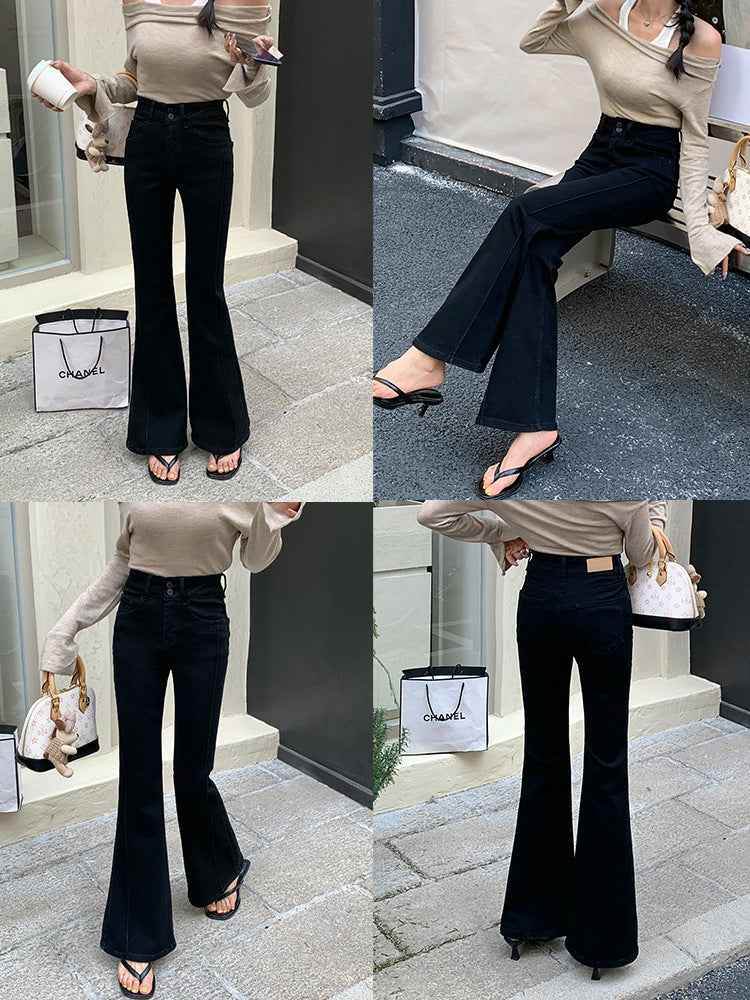 Women's High Waist Stretch Slim Bell-bottom Pants Black MuddyStock