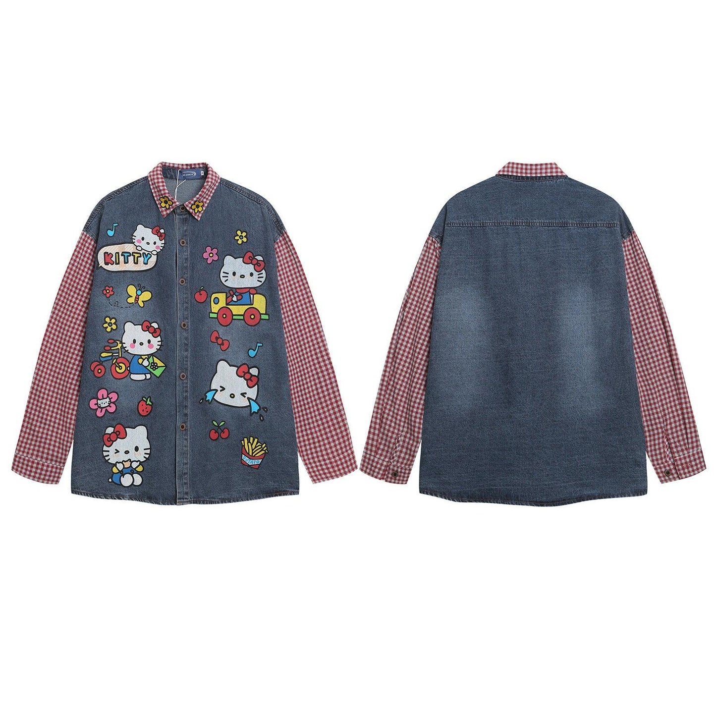 Fun Cartoon Printed Plaid Long Sleeve Shirt For Women | MuddyStock Originals