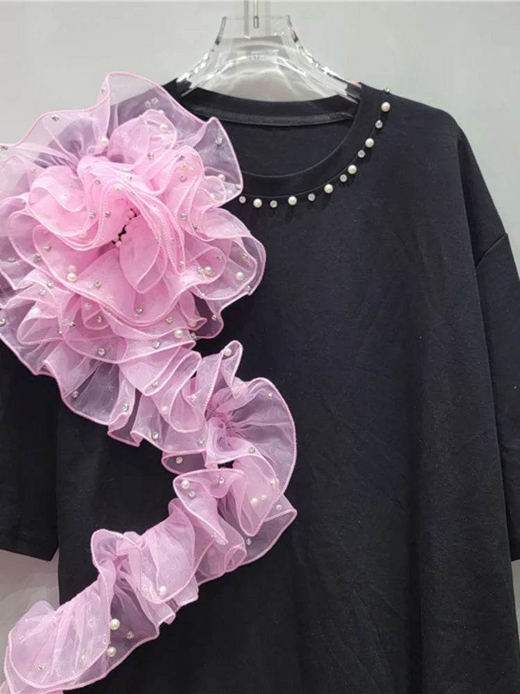 Women's T-shirt Rivet Collar Irregular Pleated Pink Mesh Flowers | MuddyStock Originals MuddyStock