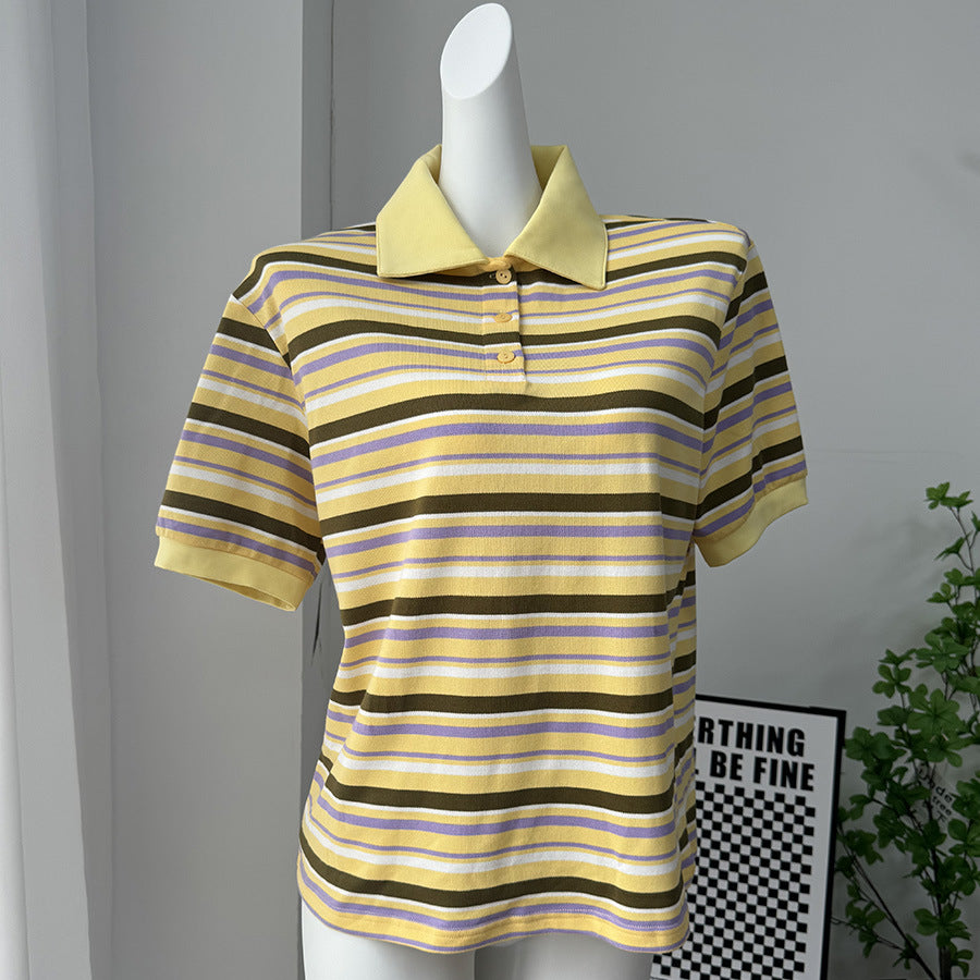 Stripe Polo Loose Fit Short Sleeve T-Shirt for Women | MuddyStock Originals Yellow MuddyStock