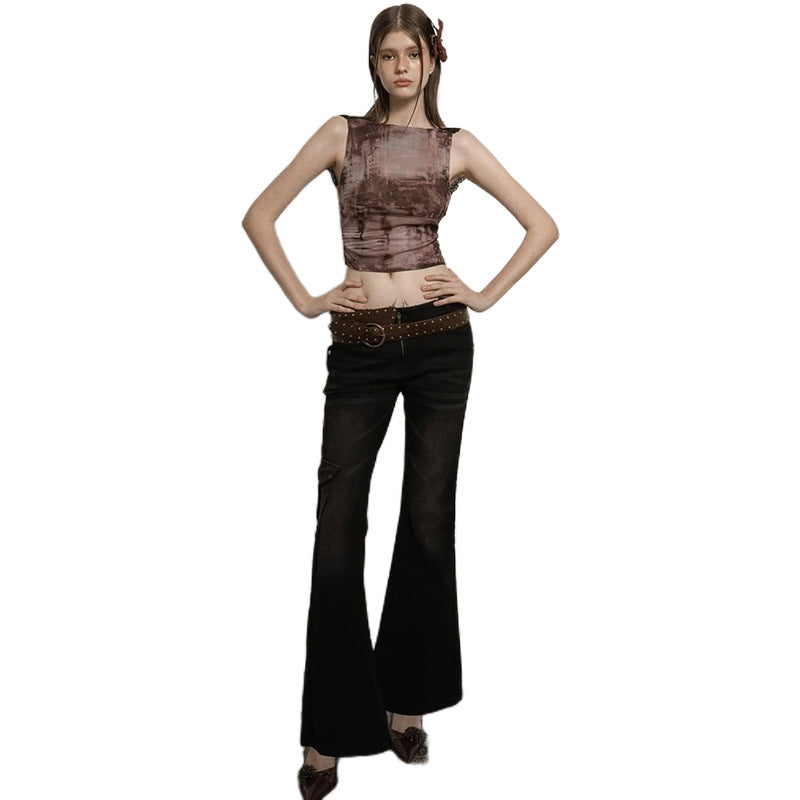 Printed Sleeveless Backless Lace Spliced Crop Top for Women | MuddyStock Originals