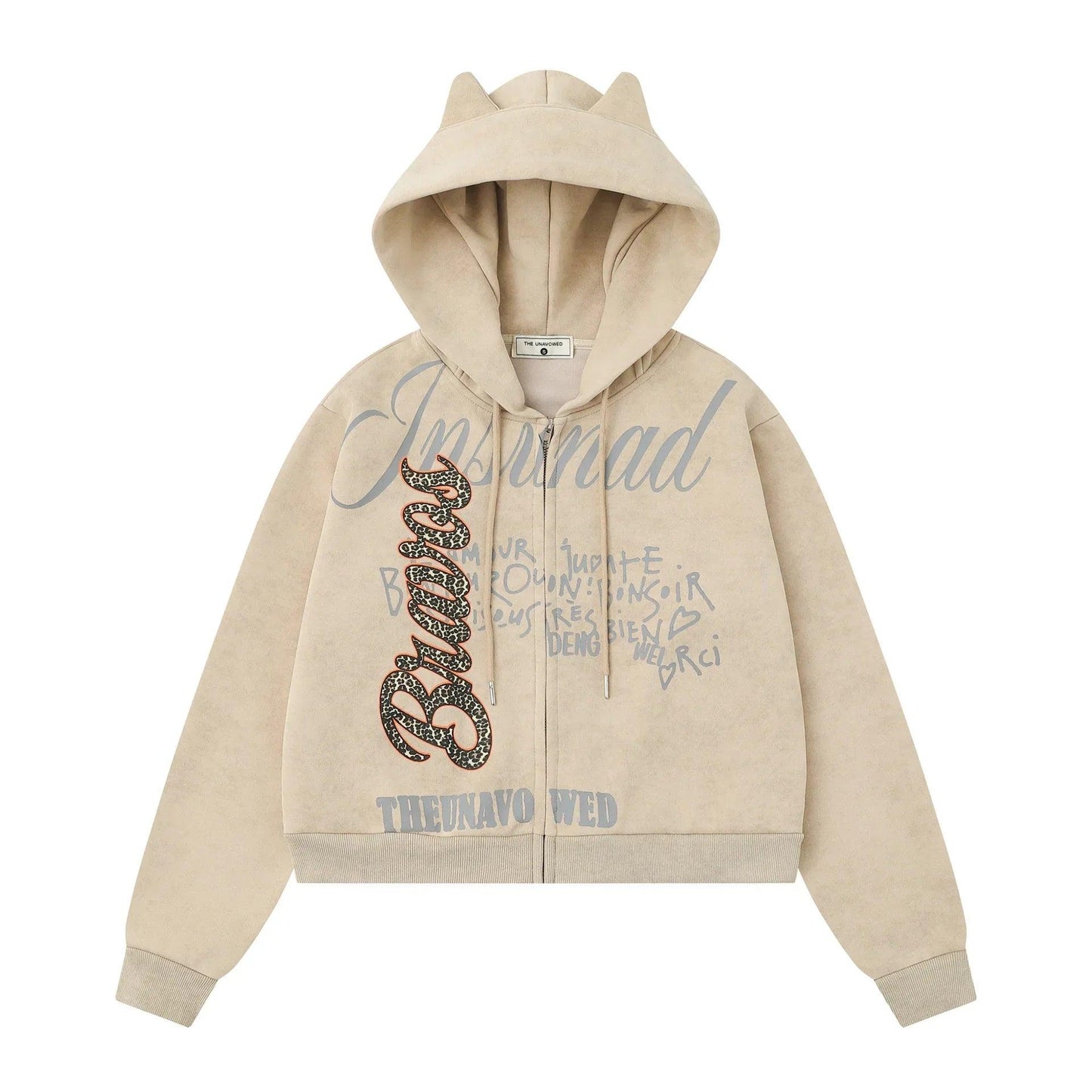 Leopard patch zipper hoodie for women | MuddyStock Originals Khaki
