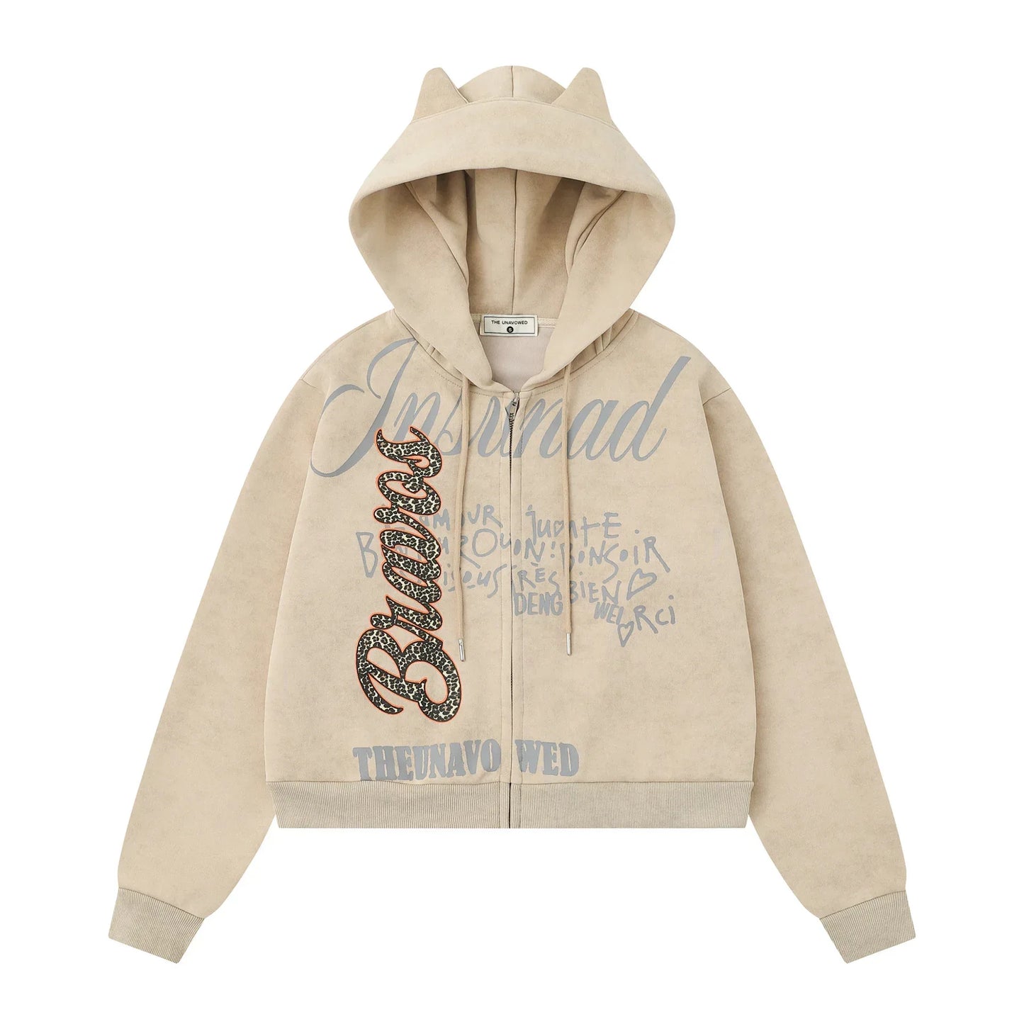 Leopard patch zipper hoodie for women | MuddyStock Originals Khaki MuddyStock