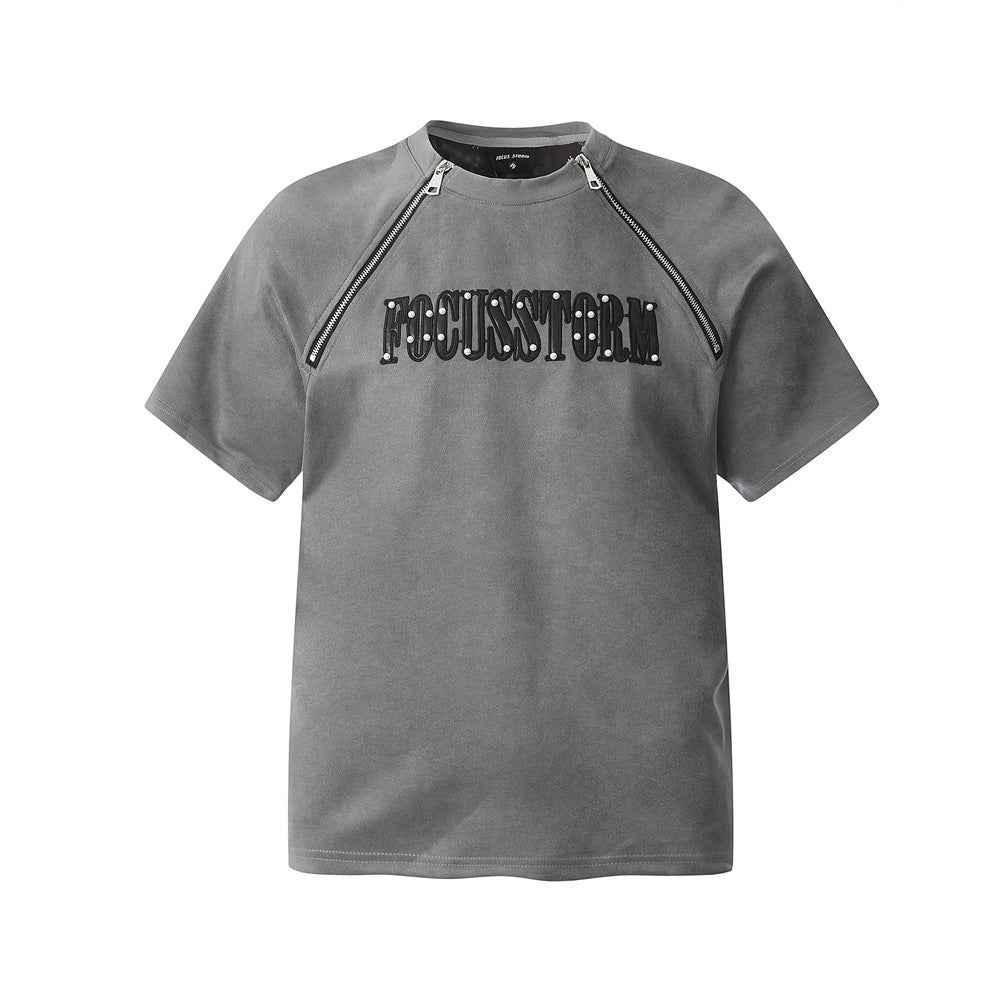 Men's Letter Leather Embroidered Short-sleeved T-shirt Gray null