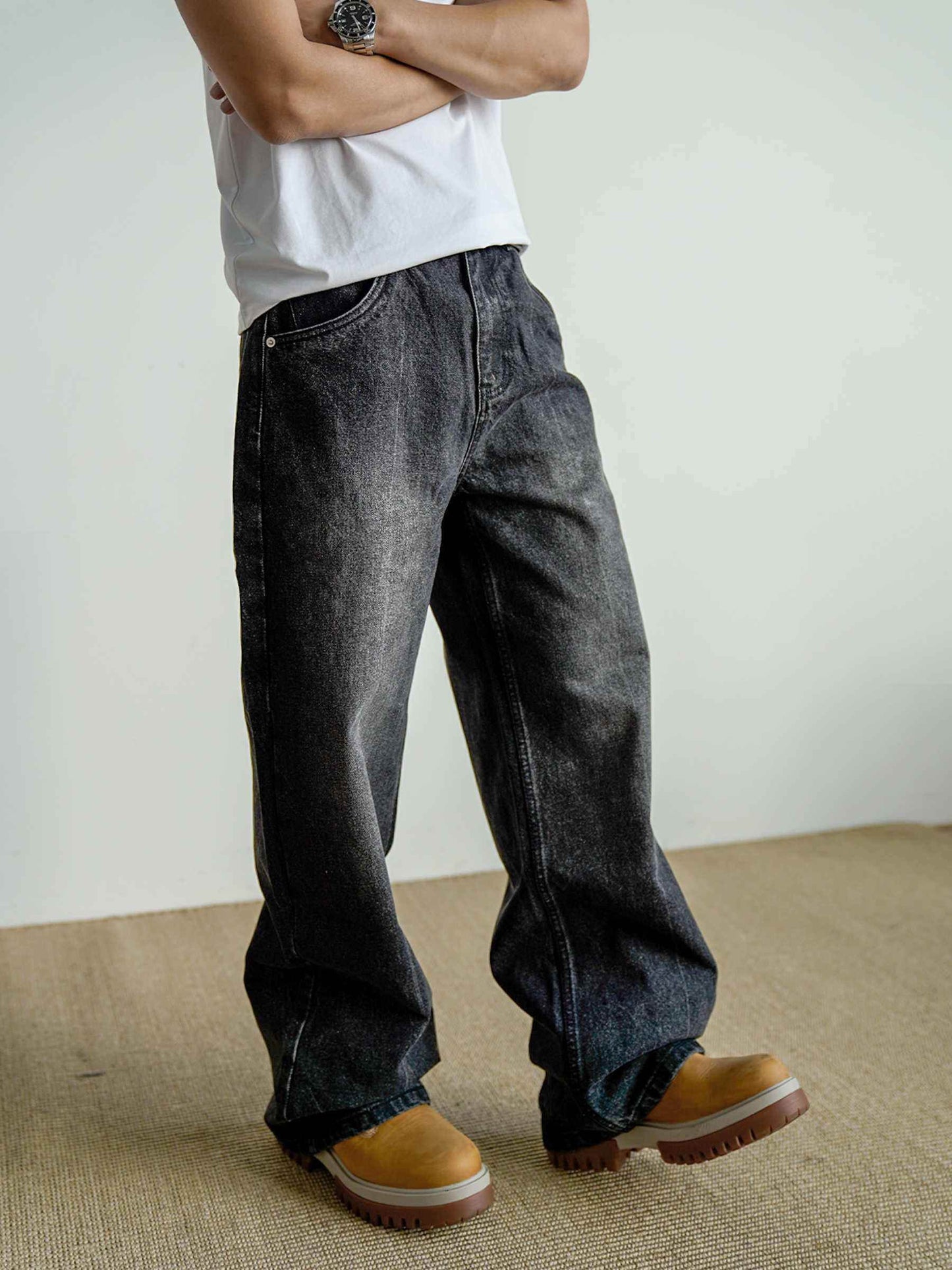 Loose Straight Washed Distressed Black Jeans MuddyStock