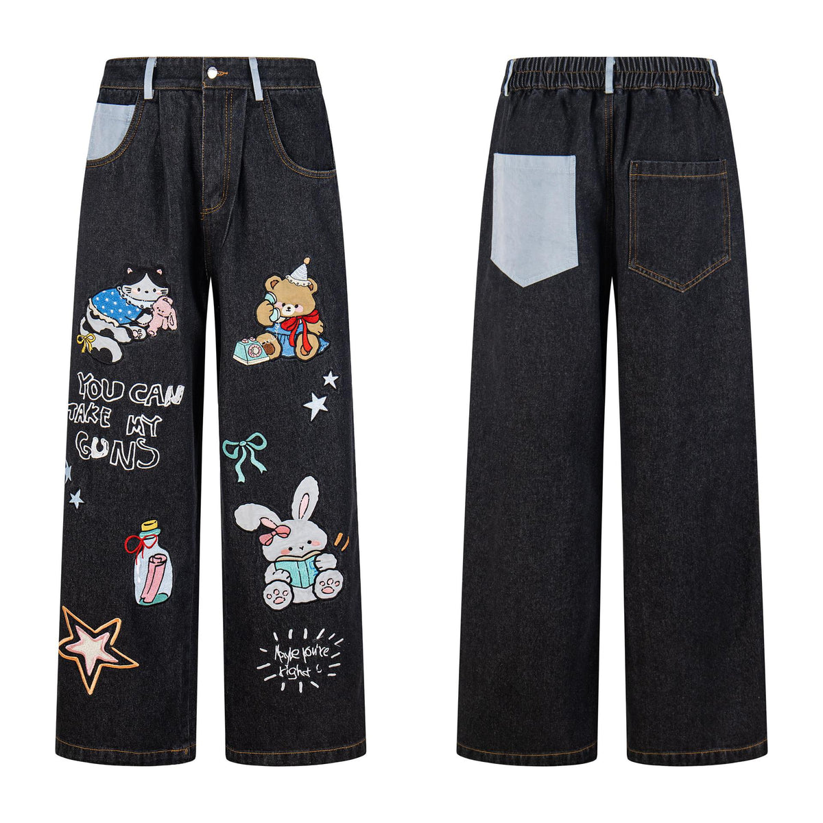 Animal patch patchwork wide leg jeans for women | MuddyStock Originals