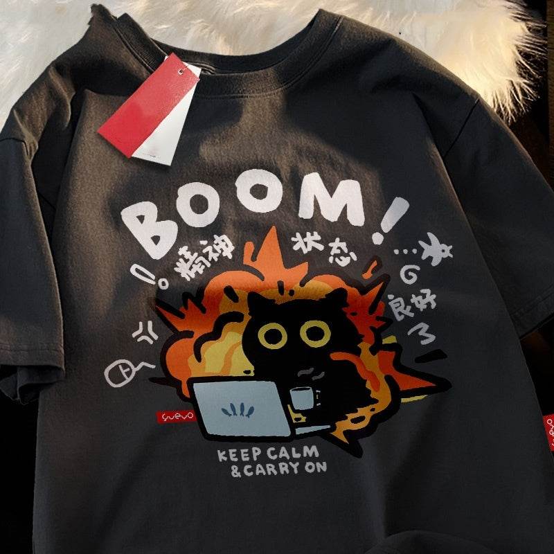 Black Cat Cotton Short-sleeved T-shirt Casual Loose Summer Breathable For Both Men And Women Black MuddyStock