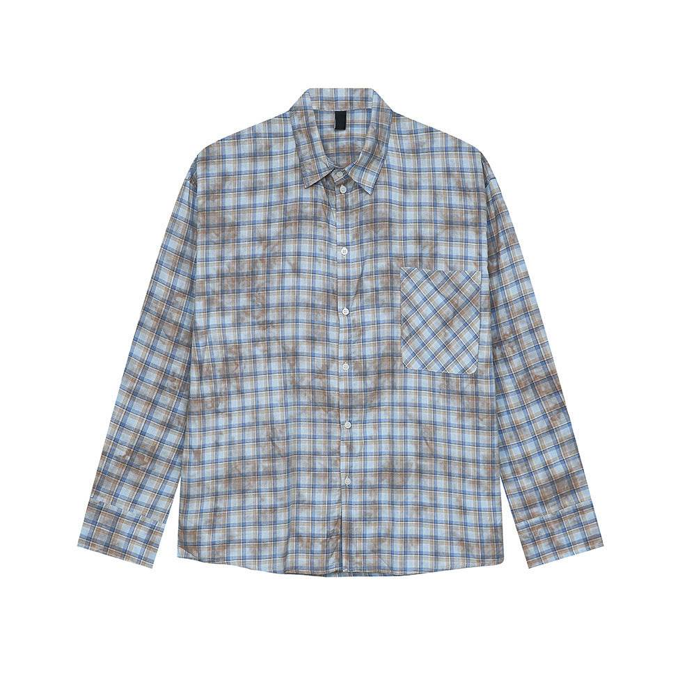 Men's Vintage Tie-dye Plaid Long-sleeved Shirt Blue MuddyStock