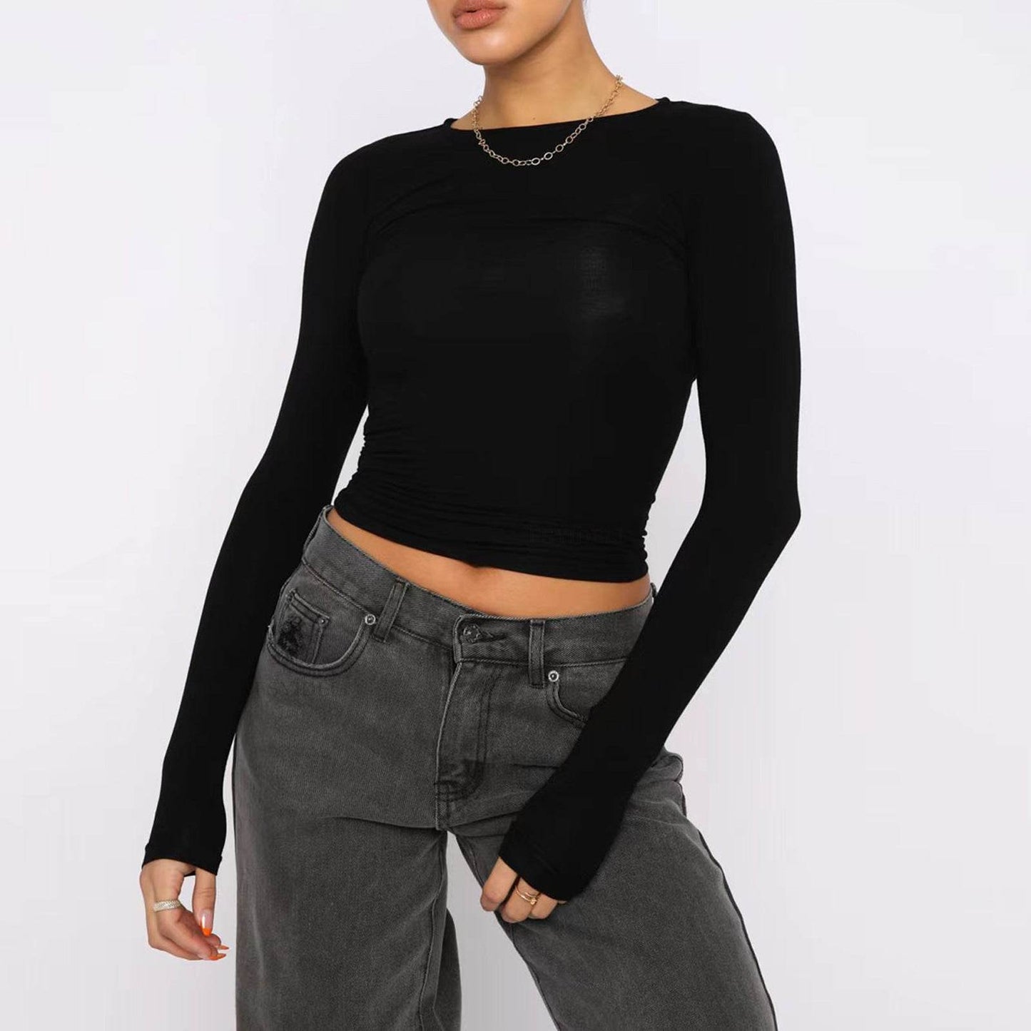 Women's Clothing Fashion Slim Long-sleeved Pullovers Tops Solid Causal Fit Shirts Black MuddyStock