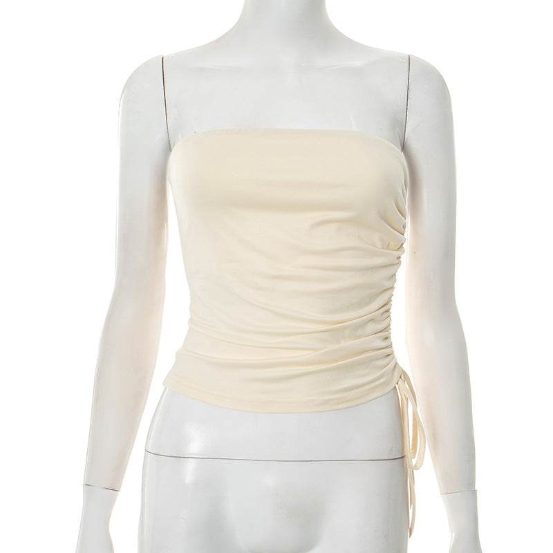 European And American Pure Color Tube-top Slim Fit Drawstring Pleated Simple T-shirt Top For Women Apricot MuddyStock