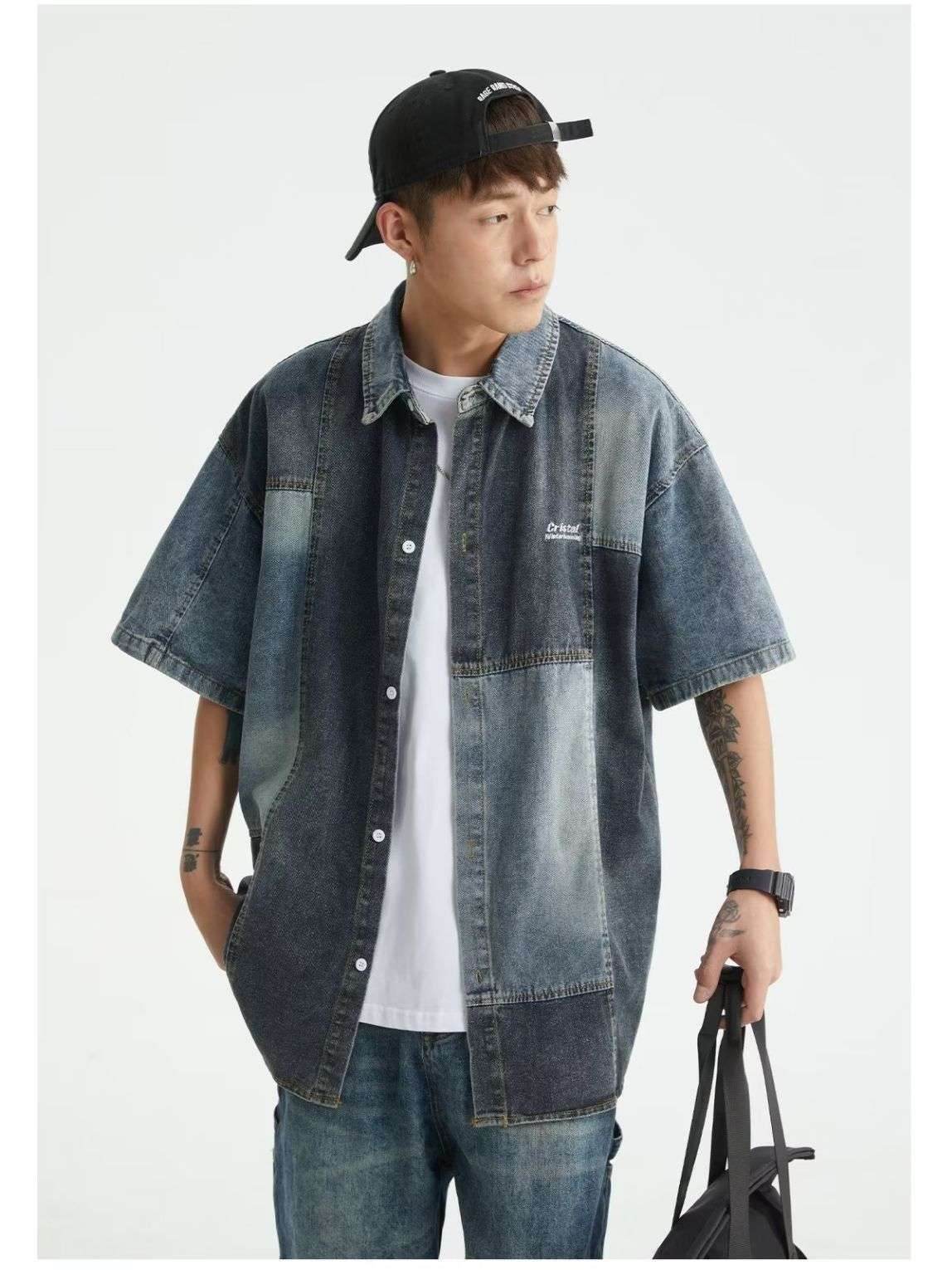Japanese-style Retro Washed Stitching Denim Shirt Men MuddyStock
