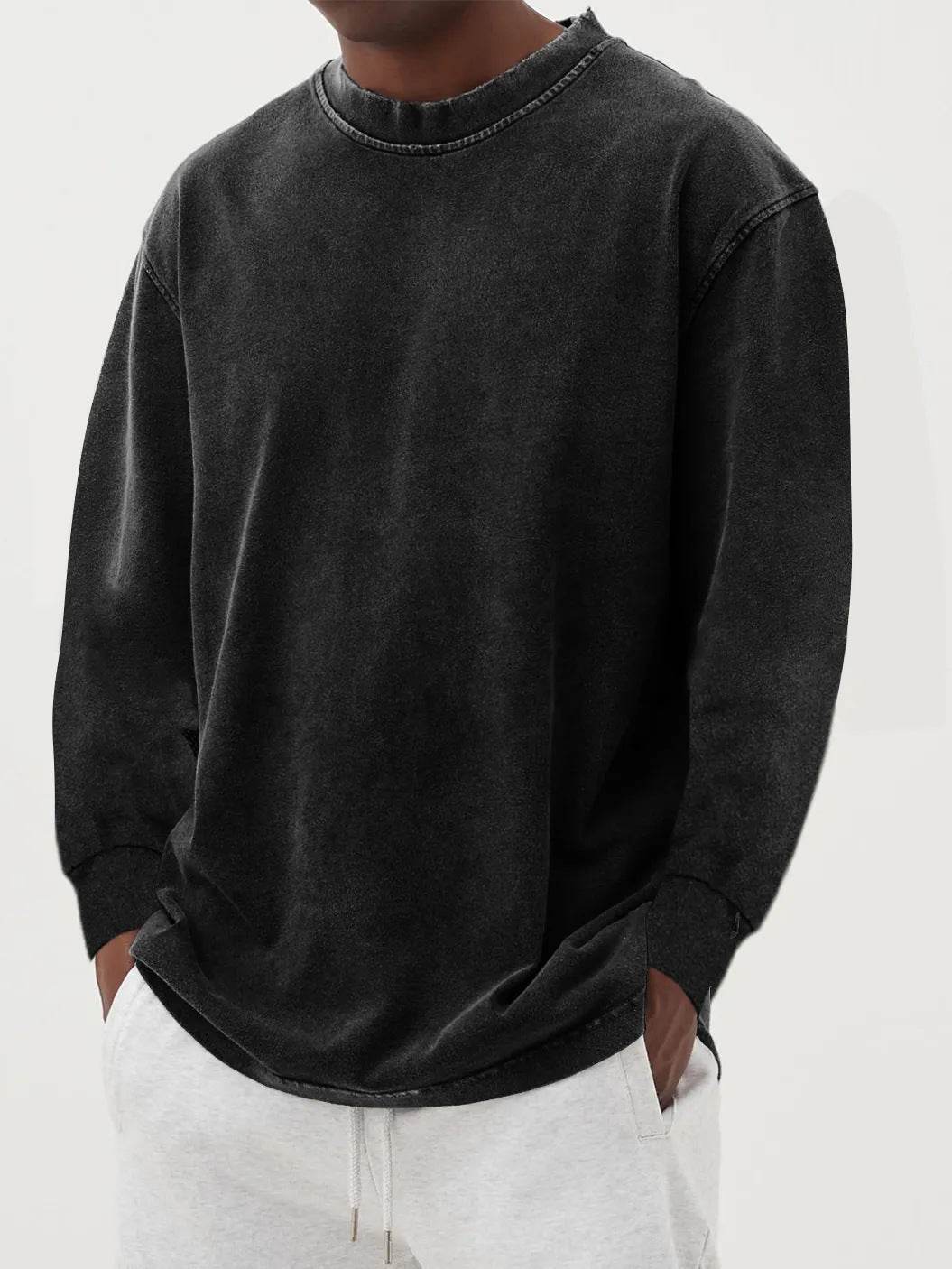 Washed Old Solid Color Men's Long-sleeved T-shirt Black MuddyStock