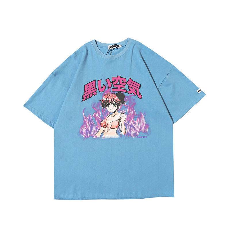Flame print T-shirt For Both Men And Women Blue MuddyStock