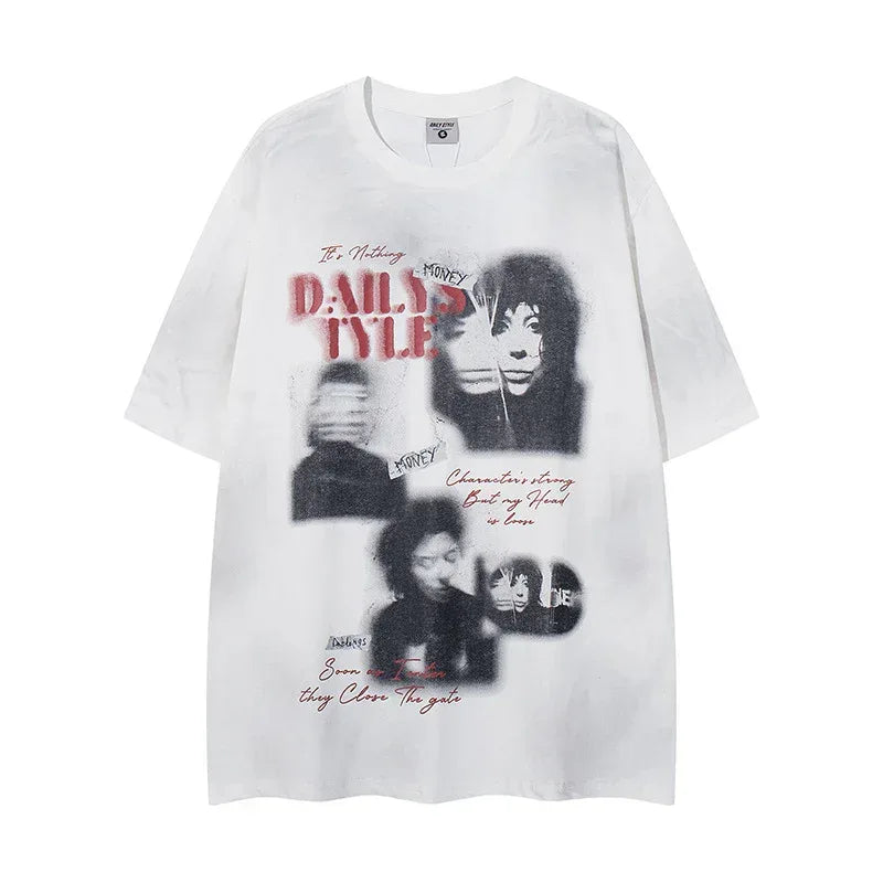 Style Casual Loose Fit Short Sleeve T-Shirt with Blurred Portrait Print for Men and Women | MuddyStock Originals White eprolo