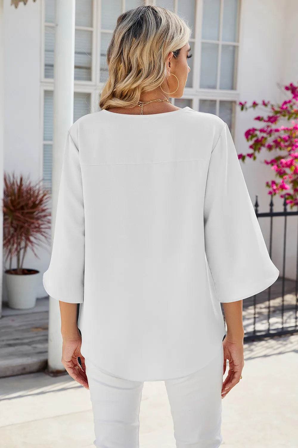 Solid color V-neck mid sleeved loose chiffon women's top | MuddyStock Originals MuddyStock