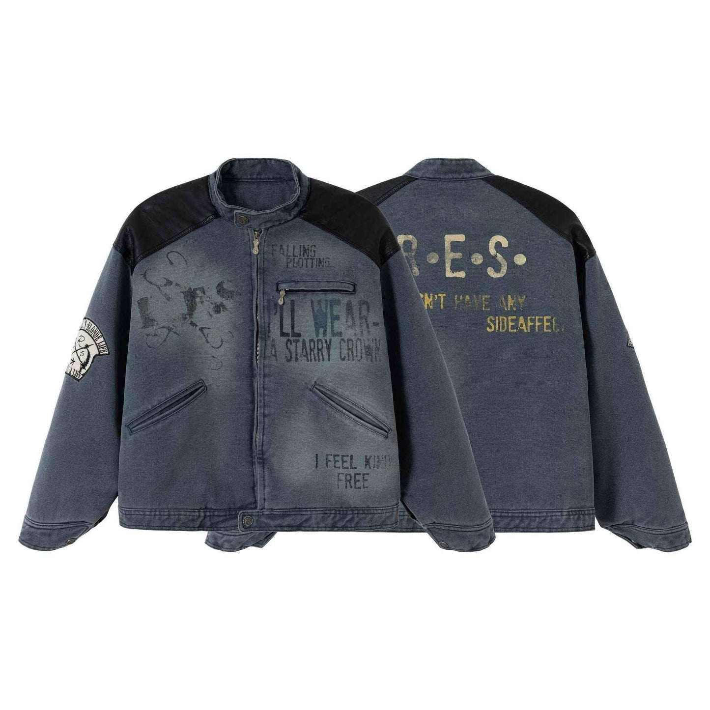 Leather Patchwork Distressed Printed Stand Collar Jacket For Men And Women | MuddyStock Originals