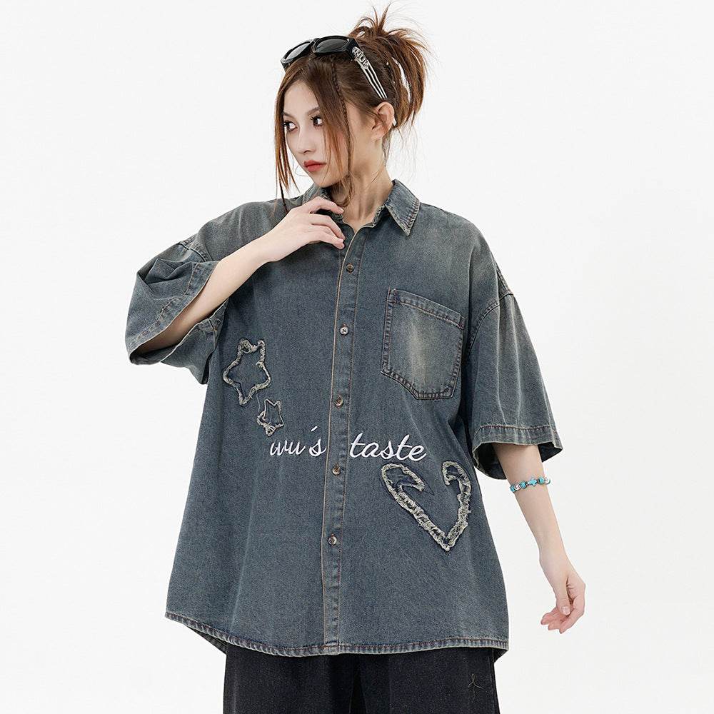 Fashion Punk Denim Short Sleeve Shirt Women MuddyStock