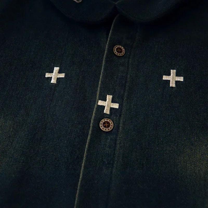 Retro Dog Embroidery Washed Denim Long Sleeve Shirt For Men And Women | MuddyStock Originals