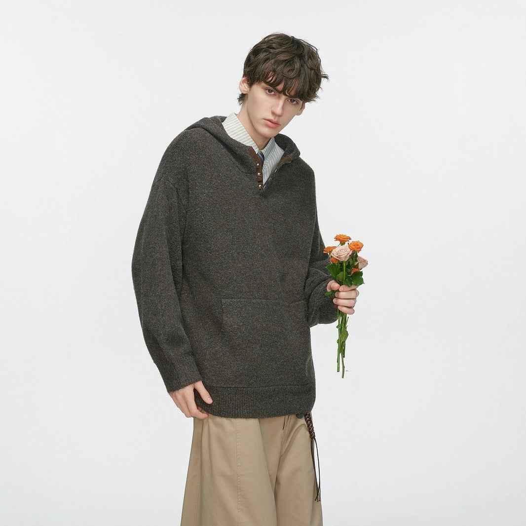 Retro Elegant Loose Solid Color Buttoned Hoodie Sweater for Men | MuddyStock Originals Brown