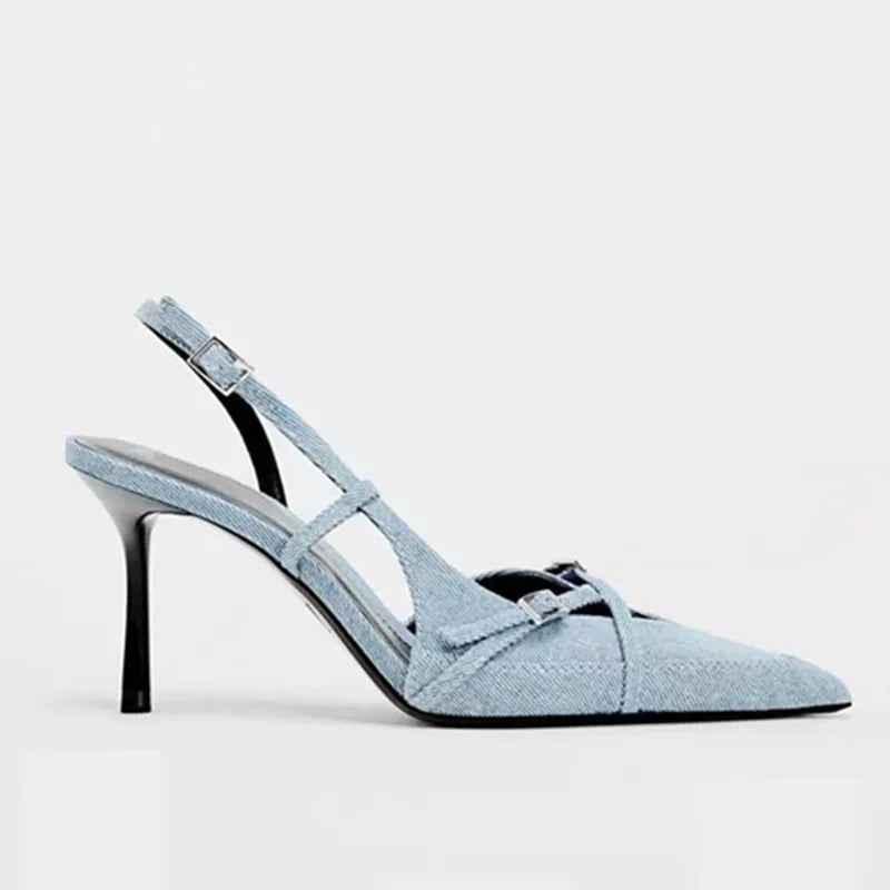 Denim shallow strap hollow toe high-heeled sandals for women