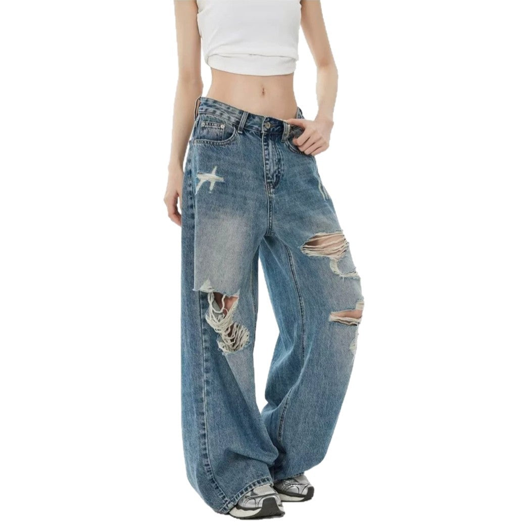 Vintage Blue Ripped Washed Denim Pants For Women | MuddyStock Originals
