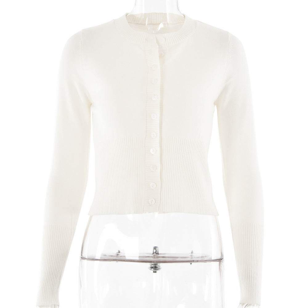 Women's Knitted Long Sleeve Slim Round Neck Top White S MuddyStock