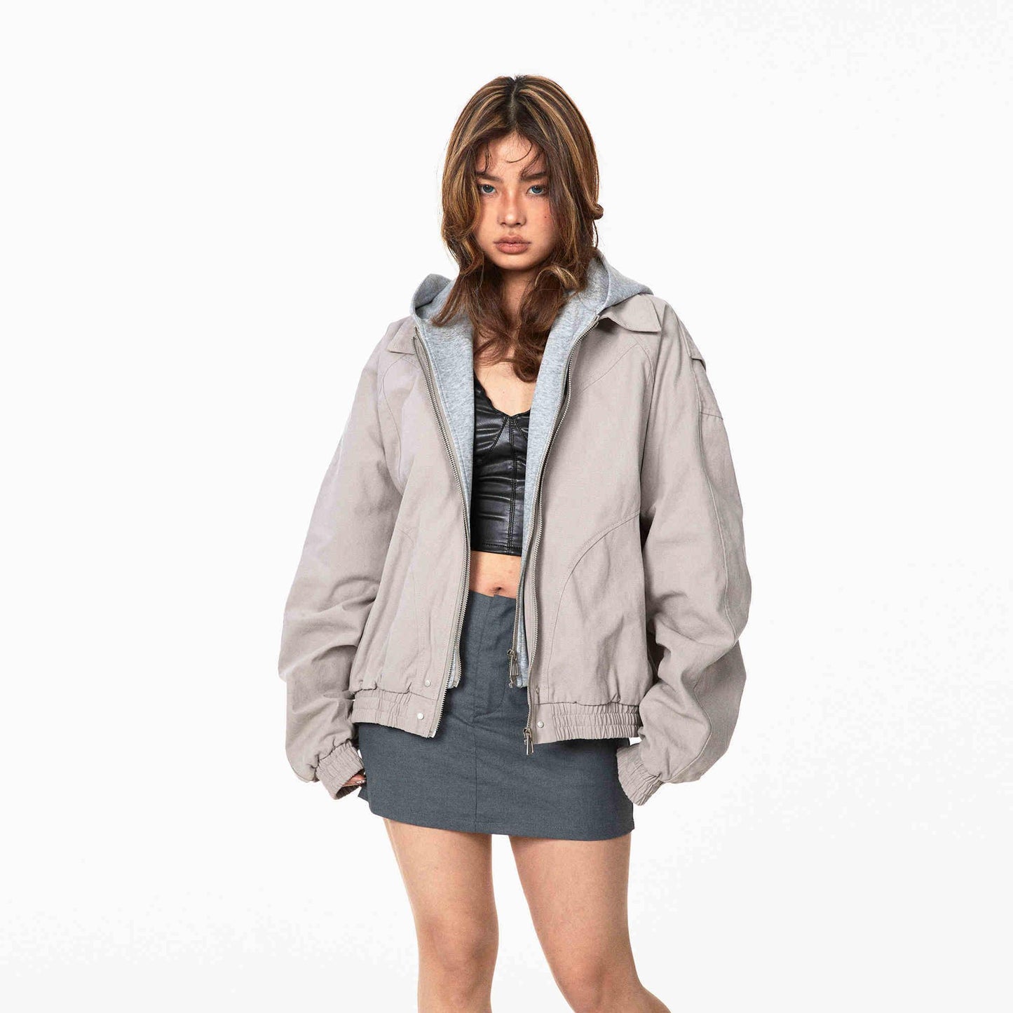 Fake Two Pieces Hooded Workwear Female Cropped Jacket Gray